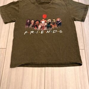 Horror Movie Characters FRIENDS Parody T-Shirt in Olive Green